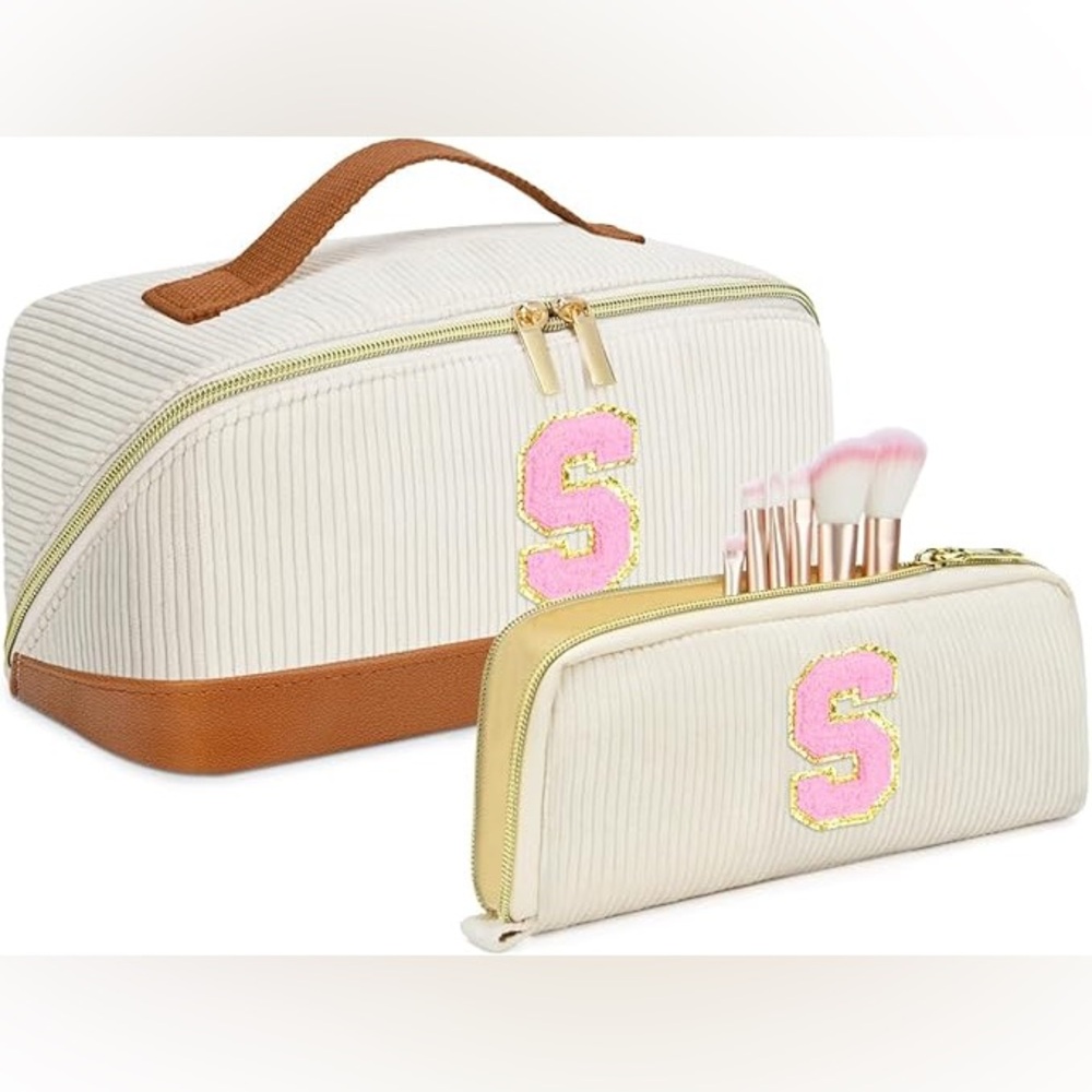 2-Piece Corduroy Cosmetic Bag Set with Pink “S” – Makeup & Travel Organizer